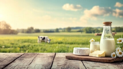 Obraz premium Dairy products. Bottles of milk, cottage cheese, yogurt, various cheese, mozzarella, butter on wooden table on meadow with grazing cows background.generative ai
