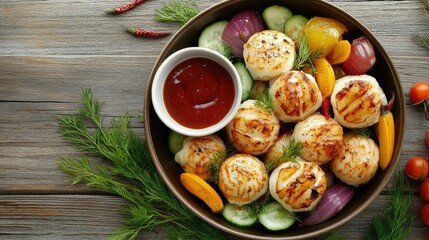 Grilled Skewers with Fresh Vegetables and Sauce