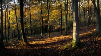 Fototapeta premium Middle of the Forest, Lush Trees, Dry Leaves on the Ground and Sunset, Abstract Image, Texture, Pattern Background, Wallpaper, Cover and Screen of Smartphone, PC, Laptop, 9:16 and 16:9 Format