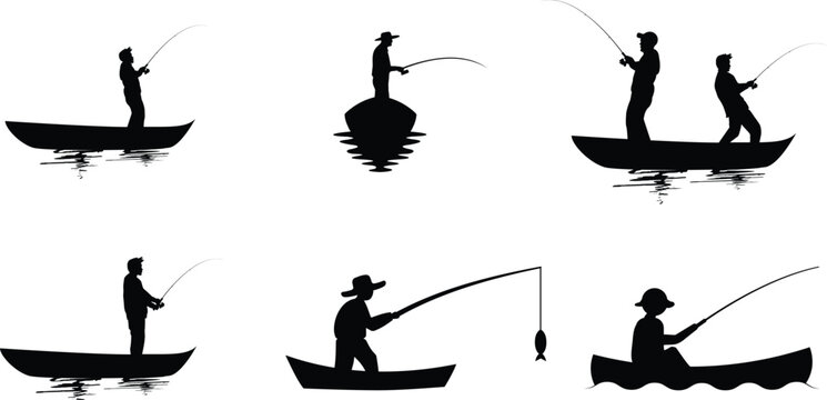 Fisherman is sitting in a boat and fishing with fishing rod vector illustration