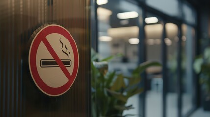 A no-smoking sign displayed on a glass wall within a well-lit, modern building,