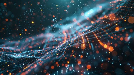 Fototapeta premium Complex network of interconnected nodes and glowing particles forming a dynamic data stream, symbolizing the flow of information in a futuristic cyberspace