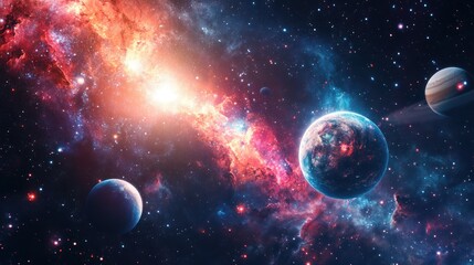 Obraz premium A stunning, colorful nebula with glowing gas and dust clouds, a bright star, and a system of planets.