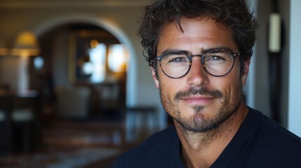 Obraz premium A young man with glasses smiles confidently while seated in a stylish, modern interior during daylight hours