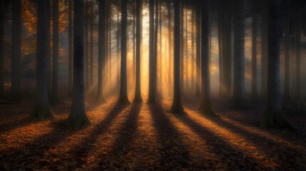 Fototapeta premium Middle of the Forest, Lush Trees, Dry Leaves on the Ground and Sunset, Abstract Image, Texture, Pattern Background, Wallpaper, Cover and Screen of Smartphone, PC, Laptop, 9:16 and 16:9 Format