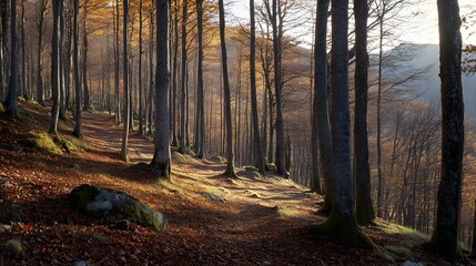 Fototapeta premium Middle of the Forest, Lush Trees, Dry Leaves on the Ground and Sunset, Abstract Image, Texture, Pattern Background, Wallpaper, Cover and Screen of Smartphone, PC, Laptop, 9:16 and 16:9 Format
