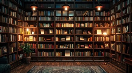 A dark wooden library room with large bookshelves filled with books, illuminated by hanging light bulbs. There is a rug in the center of the room, and a small plant in the corner.