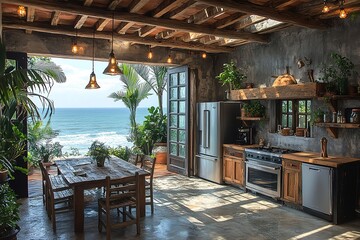 Fototapeta premium Rustic kitchen and dining area with ocean views.