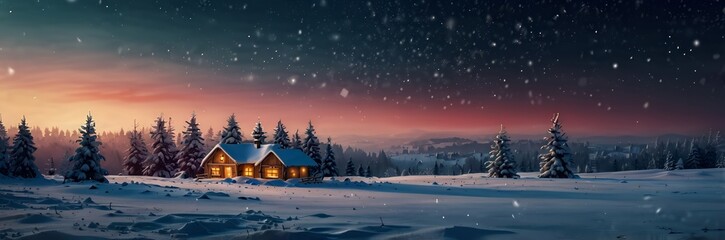 Christmas winter background with small house in night