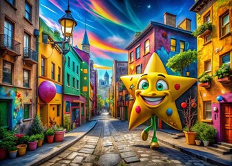 Fototapeta premium Urban Exploration with a Yellow Star Cartoon in a Colorful Cityscape