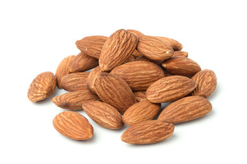 Pile of Almond nuts on white background.
