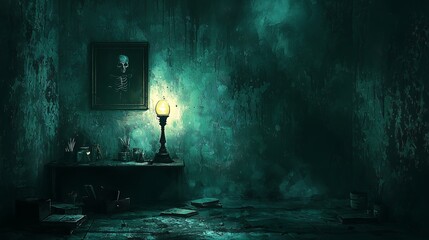Horror scene with an old lamp, dark room lit only by an old oil lamp