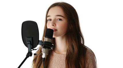 Young Woman Podcasting isolated on white background