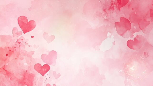 A romantic watercolor background featuring soft pink hearts for love and affection themes
