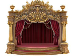 a gold and red stage with a red curtain