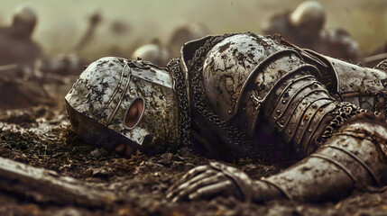 A dead knight who lost his life in a great battle, lying on the battlefield surrounded by many fallen allied and enemy brave warriors.