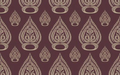 Seamless Golden Thai Kranok Pattern on Maroon, with intricately detailed motifs that form a visually striking and rhythmic design.