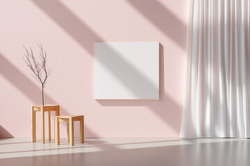 A minimalist living space with a medium blank canvas on a pink wall