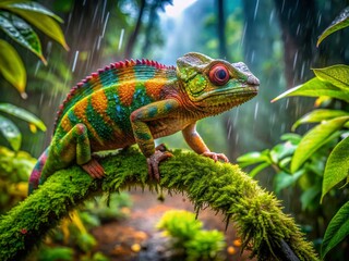 Vibrant Chameleon on Lush Mossy Branch in Rainforest - High Dynamic Range Photography