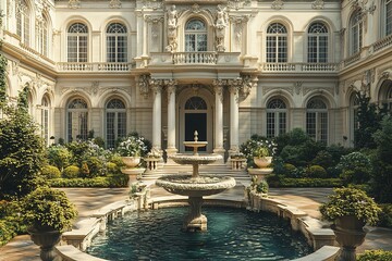 Fototapeta premium An elegant fountain takes center stage in the courtyard of a grand mansion, its classic architecture bathed in warm sunlight.