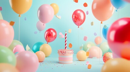 Celebrate joyfully a colorful birthday scene with cake and balloons for special moments