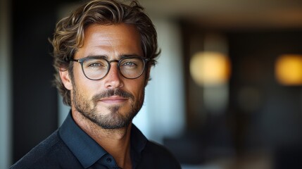 Obraz premium Portrait of a man with glasses, stylishly dressed, in a modern urban setting during daylight hours