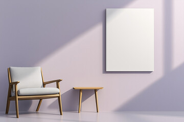 A minimalist living space with a medium blank canvas on a purple wall