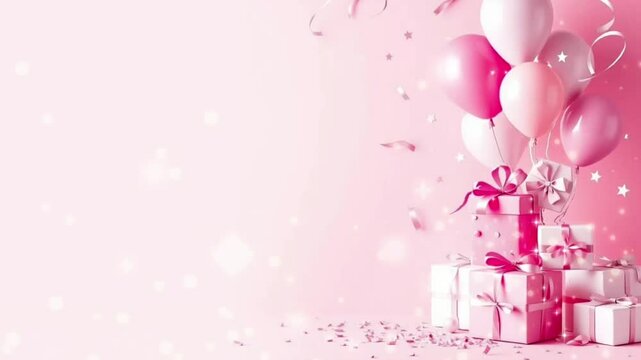 Pink balloons are floating over a stack of gift boxes decorated with ribbons and confetti on a pink background, creating a festive atmosphere.