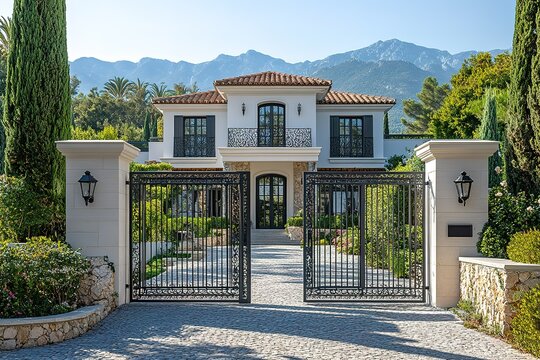A luxurious white stucco home with a terracotta tile roof and black trim, seen through a black iron gate.