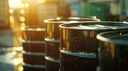 Metal barrel for black oil on blurred background. Chemical storage for petroleum products