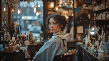 Obraz premium Young woman with dark hair sits in a vintage barbershop, looking over her shoulder.