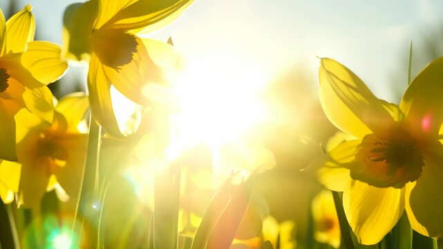 Daffodils blooming in unison under bright sunlight