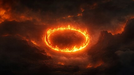 A fiery ring floating in the dark sky above a landscape of clouds and mountains.