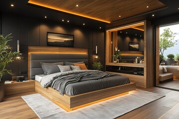 A modern bedroom with a luxurious feel, featuring dark walls, warm wood accents, and ambient lighting.