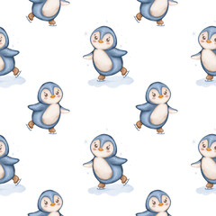 Seamless pattern of skating penguins, snowflakes and hearts on a white background. Kawaii style. Design of cute arctic characters. Pattern for children's fabrics, cards and banners.