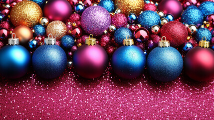 Holiday decorations. Festive Christmas decorations in vibrant colors, New Year celebrations