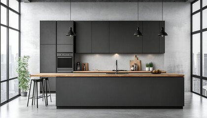 MODERN KITCHEN, LOFT STYLE, POLISHED GRAY UPPER CABINETS, COUNTERTOPS
CONCRETE AND WOOD BOTTOM