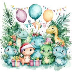 Naklejka premium A festive illustration of cute dinosaurs and a pig celebrating with gifts, balloons, and tropical foliage for a joyful party theme.