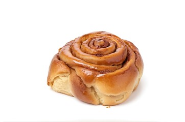 Freshly Baked Cinnamon Roll Topped with Glossy Glaze on White Background