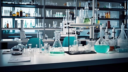 A laboratory bench is neatly organized with scientific equipment, highlighting methodical precision and the pursuit of scientific discovery.