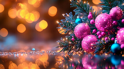 Holiday decorations. Festive Christmas decorations in vibrant colors, New Year celebrations