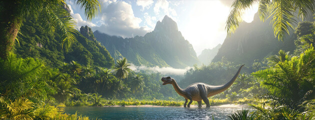 Dinosaur in jungle of Jurassic era, prehistoric animal near water in tropical forest, panoramic view. Concept of movie, summer, reptile, extinct.