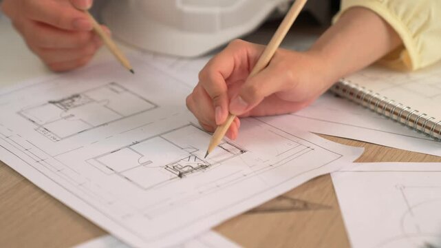 Architect and safety engineer discussion about building blueprint displaying on laptop on table with architectural document and wooden block scatter around at modern office. Closeup. Delineation.
