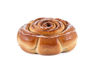 Fototapeta premium Delicious Freshly Baked Cinnamon Roll with Drizzled White Icing on Pure White Background