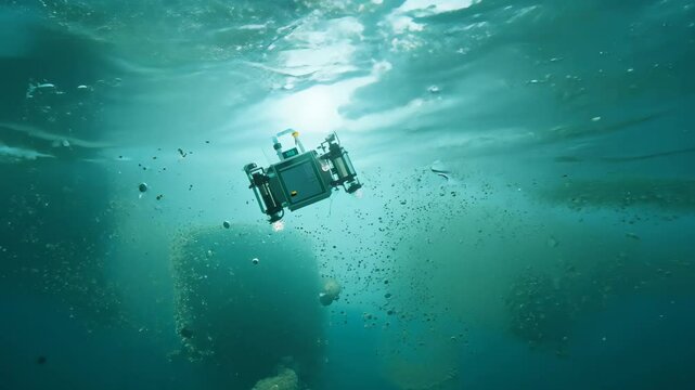 Camera zooms out from a nanobot actively neutralizing toxins in contaminated water, using fill light to illuminate particles and emphasize the clarity in the underwater environment

.