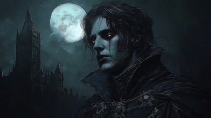 Fototapeta premium Portrait of a vampire, vampire with an elegant black cloak and fangs visible from slightly parted lips