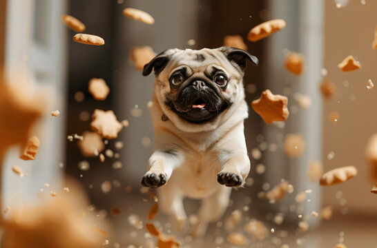 Portrait of happy cute pug surrounded by flying cookies