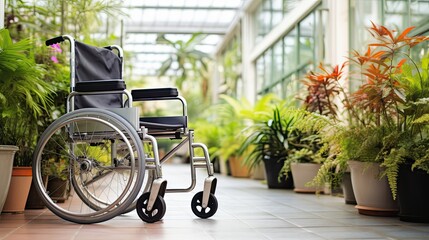 Fototapeta premium A hospital wheelchair peacefully positioned in a sunlit hallway abundant with lush green plants, promoting a sense of tranquility and healing.