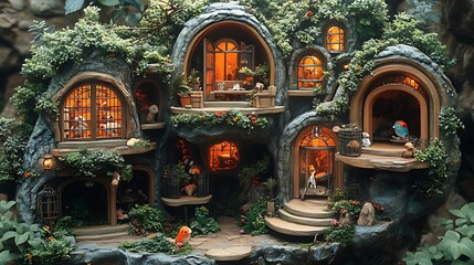 Fototapeta premium A miniature village nestled in a rock face, with detailed interiors, lit windows, and tiny residents.