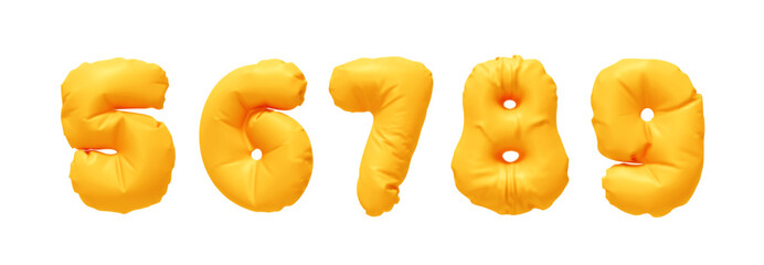Collection of Inflated balloons numbers from 5 to 9 isolated on a white background. Realistic 3d design. Set of numbers made of rumpled latex material. Vector illustration